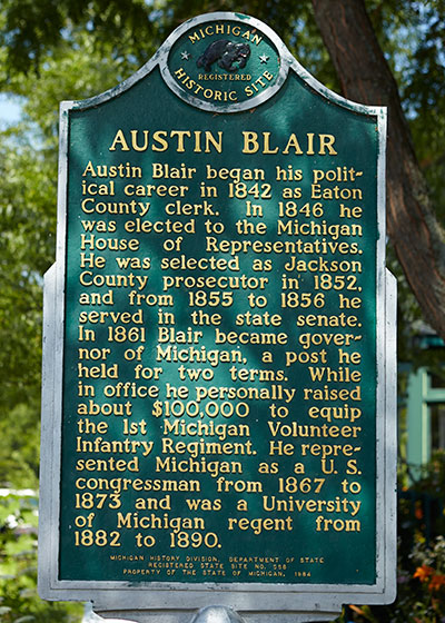 Front of Austin Blair Michigan Historic Marker erected in Eaton Rapids. Photo ©2014 Look Around You Ventures LLC.
